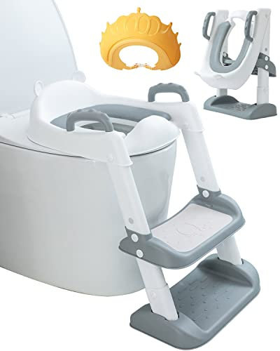 Trongle Upgraded Potty Training Toilet Seat with Ladder for Toddler, Baby, Kid, Foldable Non-Slip Toilet Seat Toddler with Step, Adjustable Height Toilet Pad Seat Stool with PU Padded Seat, Handler