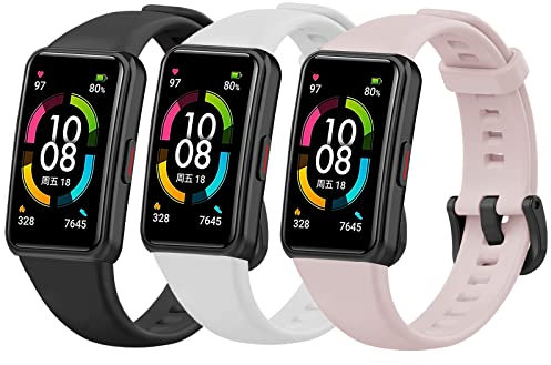 Bracelet Huawei Band 6, Bracelet de Remplacement Sport en Silicone Souple Bracelet pour Honor Band 6/Huawei Band 6/Huawei Band 6 Pro/Huawei Band 6 NFC, 2 Pack (Noir+Rose Clair + Blanc)