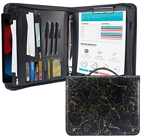 GraduationMall Schreibmappe A4 mit Ringbuch und Klemmbrett,Reißverschluss Portfolio Padfolio Business Mappe,Dokumentenmappe Organizer