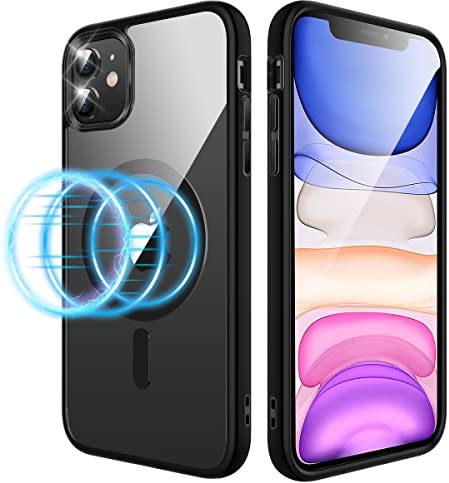 Ruayia für iPhone 11 Hülle für MagSafe, mit 2 Stück Panzerglas, Durchsichtig Hybrid Magnet Hülle Stoßfest Kratzfest Rückseite Schutzhülle iPhone 11, 6.1''- Klares Schwarz