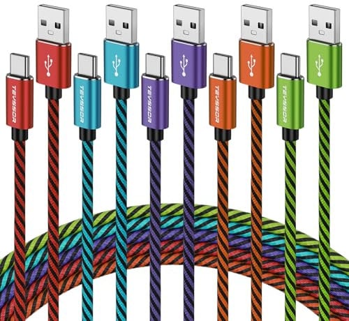 Teyssor USB C Charger Cable, 3M/10FT 5Pack USB A to USB C Nylon Braided Type C Cable Fast Charging Compatible with Samsung Galaxy S24 S23 S22 S21, Note 10 9 8, Google Pixel