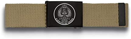 Cinturón con emblema de del Ejercito de Tierra de España grabado a láser sobre hebilla metálica pavonada– correa de nylon color tan de 135 cm x 3,9 cm – longitud ajustable – peso 110 grs