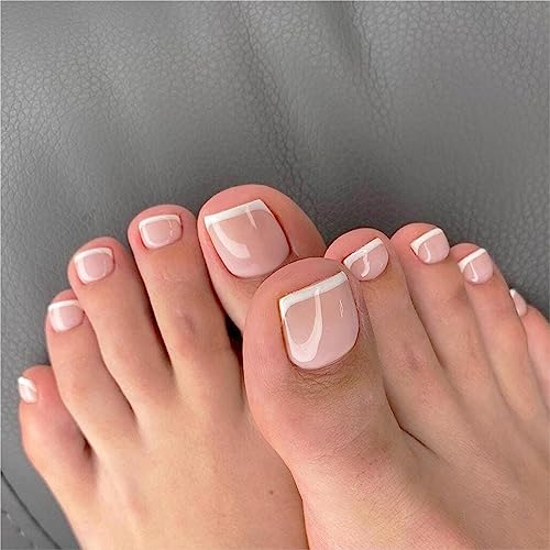 24 Pcs False Toenails with Glue - 12 Sizes Matte Short Fake Toe Nails Tip - Full Cover French Toe Nail - Square Artificial Fake Nude Art Toe Nail Tips - Short Nail Art Decorations