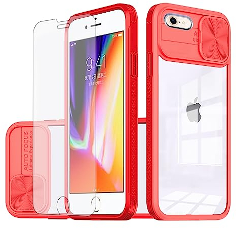 Asuwish Handyhülle für iPhone 7/8/SE 2020 2022 Hülle mit Glas Folie Schutzfolie und Kameraschutz Handyhüllen Cover i SE2020 SE2022 2/2nd 3/3rd Generation 7s 8s 6SE SE2 SE3 Slim Durchsichtig Case Rot