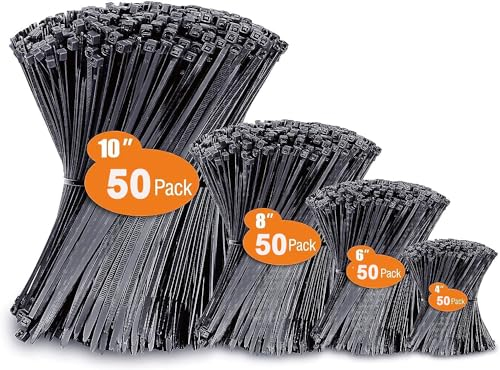 200 Stück Kabelbinder schwarz Set 250/200/150/100mm (je 50 Stück),WLEAD Selbstsichernde Premium Nylon Kabelbinder für Kabelmanagement, Gartenarbeit, Haus und Büro
