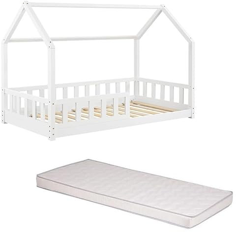 Laïba Kids Ensemble Lit cabane Enfant Bosco Blanc 90x190 cm + Matelas Enfant 90x190 cm Blanc