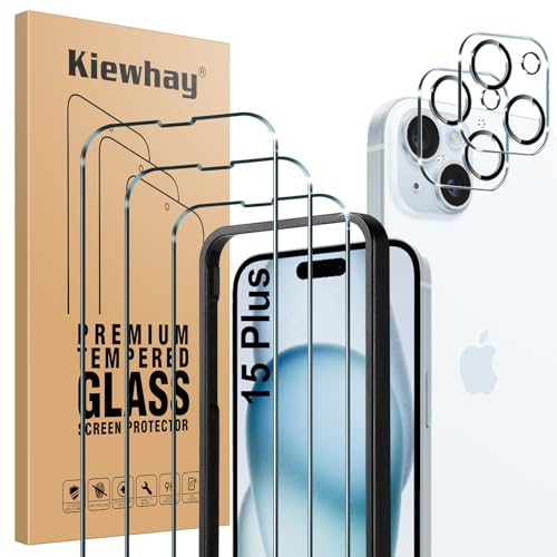 Kiewhay Protector de Pantalla para iPhone 15 Plus Cristal Templado 6,7'', 3x Vidrio Templado + 2x Protector de Lente de Cámara, [No para iPhone 15 Pro Max] 99,99% HD Protector Pantalla -5 Piezas