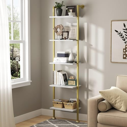 Axeman 5-Tier Ladder Bookcase, Tall Narrow Bookshelf for Small Spaces, Modern Book Storage Organizer Case Open Shelves for Living Room, Bedroom,Office, Library, Gold and White
