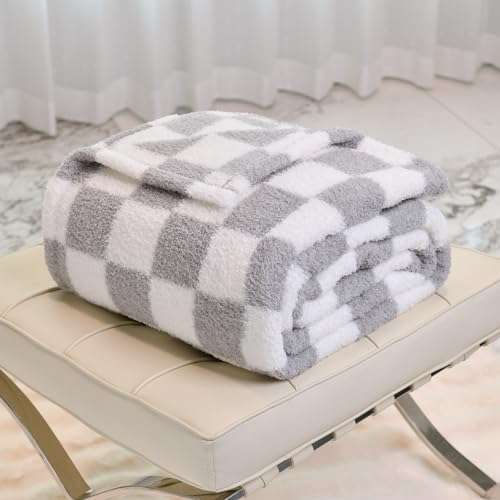 DREAMLANDING Couverture à carreaux en forme de grille - Couverture duveteuse, confortable, épaisse et chaude en microfibre douce pour décoration d'intérieur, lit, canapé, Gris/Carreaux, 127*152cm