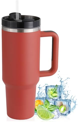 PRAOAHEI 40oz Thermobecher mit Strohhalm und Henkel,1180 ML Doppelwandiger Edelstahl Heiße Kalte Getränke Vakuum Trinkbecher,Kaffeebecher für Zuhause Reisen Weihnachten Rot