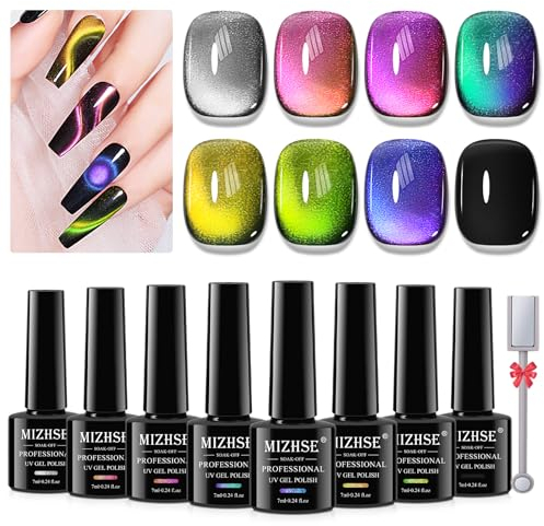 MIZHSE Cat Eye UV Gel Nagellack Set mit Magnet - 8 Farben 9D Cateye UV Gel Nail Polish Set Cateye Magnet UV Nagellack Set Cat Eye Gel Magnet Nagellack Glitzer mit Schwarze Basis Für DIY Maniküre
