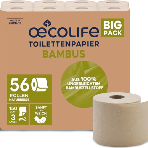 oecolife Lot de 56 rouleaux de papier toilette en bambou, 3 couches, 56 x 150 feuilles par rouleau, super doux, végétalien, papier toilette durable, emballage avec 60 % de PCR