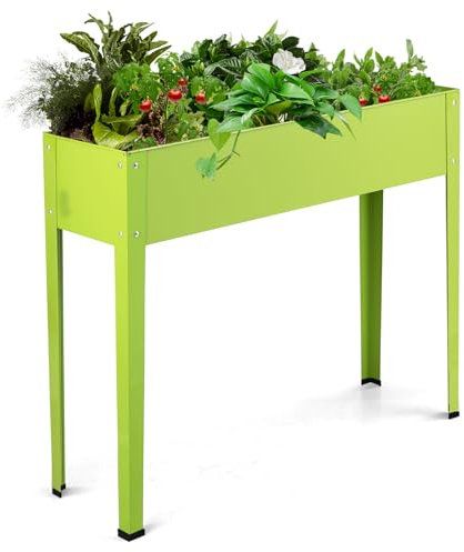 TANGZON Raised Garden Bed, Elevated Growing Planter Box with Bottom Drainage Holes, Galvanized Flower Stand with Non-Slip Foot Pads, Space-Saving Growing Container for Fruit Herb Vegetable (Green)