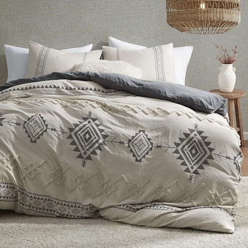 Oli Anderson Boho-Bettwäsche-Set, Queen-Size-Größe, Beige und Grau, 3-teiliges Mikrofaser-Bettwäsche-Set, langlebig und superweich, Bettbezüge mit Reißverschluss und Bändern, 228,6 x 228,6 cm
