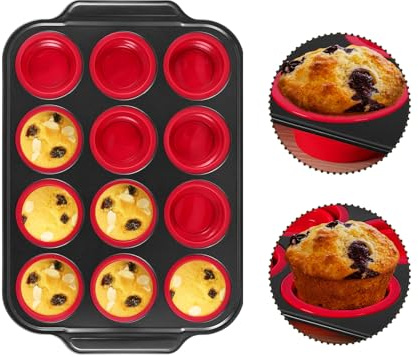 Silicone Muffin Pan Cupcake Pan for Baking, Metal Frame Muffin Tin Egg Bites Cup Egg Mold for Breakfast Sandwiches, Silicone Muffin Cups Non Stick Donut Cupcake Molds, 12 Cups Red