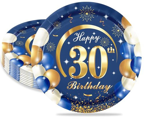 MORAINJAY 16Pcs Birthday Plates for 30,Navy Blue 7inch Paper Plates for 30th Birthday Party, Small Paper Plates for Men Women Her Him,Birthday Party Supplies Table Decor