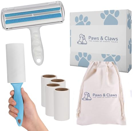 Paws&Claws. Cepillo Quitapelos Mascotas, para Sofás, Alfombras y Coches, Reutilizable + Rodillo Quita Pelos Adhesivo, Eficaz para la Ropa y Superficies Lisas (300 Hojas) Bolsa algodón de Regalo