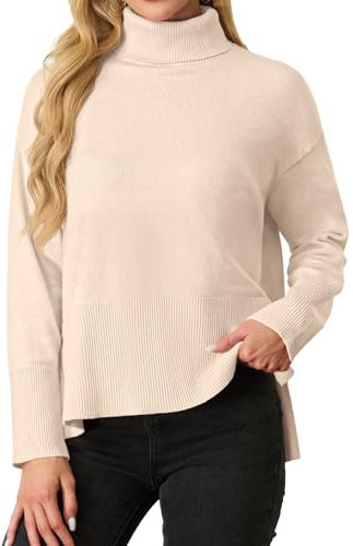 IWOLLENCE Turtleneck Jumper Women Ribbed Knit Polo Roll Neck Tops for Women Crochet Sweaters with Slit (Beige, L)