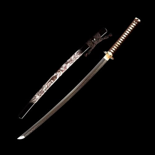 Handgefertigte Samurai schwerter,T10-Stahl Klinge mit handgebrannten Blitzlinien,Naturholz Saya mit Bemalten Mustern,103cm Katana für Heimdekor,Geschenke,Cosplay,Sammeln,Kendo,Weihnachten,Halloween
