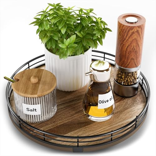 Acacia Wood 10 Lazy Susan Turntable Organizer for Table Top, Farmhouse Round Wooden Lazy Susan for Cabinet Kitchen Centerpieces Coffee Table, for Condiments Spices, Bathroom Vanity Tray Decor