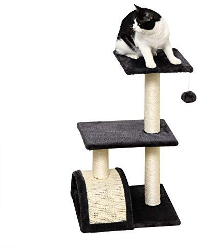 PawHut Albero Tiragraffi per Gatti a 3 Livelli 72 cm con Tappetino Tiragraffi ad Arco, Albero per Gatti Multilivello, Trespolo per Gatti con Pallina in Legno, Peluche e Sisal, Grigio