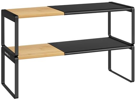 SONGMICS HOME Gewürzregal, 2er Set, ausziehbar, Küchen-Organizer, Küchenregal, Schrank-Organizer, Gewürzhalter, Küche, kleines Regal, stapelbar, Tisch-Organizer, naturbeige-tintenschwarz KCS051B01