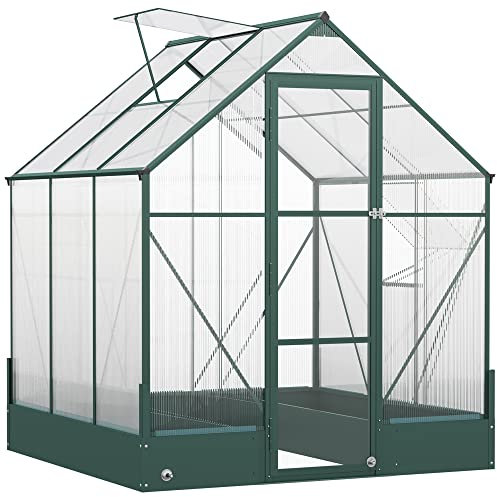 Outsunny Garden Walk-in Aluminium Greenhouse Polycarbonate with Plant Bed, Temperature Controlled Window, Foundation, 6 x 6ft
