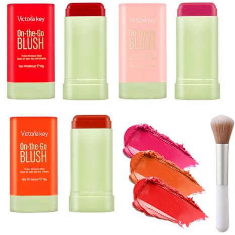 3 Stick Cream Blush Stick Makeup, 3-in-1 Rouge, Multi-Use Blush Stick, Langanhaltend Creme Rouge mit Pinsel, Rouge für Wangen Make Up, 3 in 1 Blusher, Make-up Rouge Stift, Langlebige Cream Blush