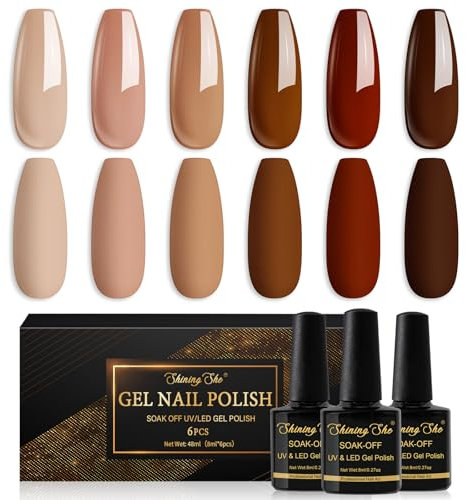 Shining She Gel Nail Polish, 6 Colours Nude Khaki Red Dark Brown Gel Polish Set Soak-Off UV/LED Autumn Winter Nail Polish Gel Gift for Nail Art Salon DIY Home, 8 ML