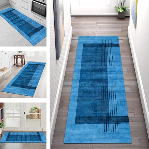 SGLGSTORE Teppich Läufer Lang Flur Küche Teppichläufer rutschfest Waschbar Küchenläufer Teppichmatten Blau Schmutzfangmatte 70X200CM Meterware Flurteppich Wohnzimmer Schlafzimmer Küchenteppich