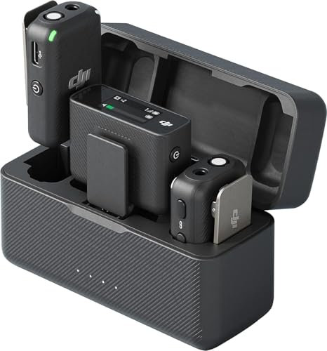 DJI Mic (2 TX + 1 RX + Boîtier Recharge) - Compact et Portable micros Lavalier sans Fil à Enregistrement à Double Canal, Transmission à 250 mètres, 15 Heures, Système pour Smartphones, caméras