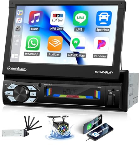 OiLiehu Autoradio 1 Din avec CarPlay Android Auto, 7'' Électrique Rétractable Écran Tactile Lecteur MP5 Radio avec Bluetooth/FM/Lien Miroir/AUX-in/SWC/EQ/USB/Port TF/Caméra de Recul