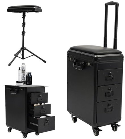 BRRIDE Kosmetikkoffer Trolley Tattoo Koffer mit Armlehnenständer, Make-up Koffer mit 3 Schubladen & Kombinationsschloss & Werkbank, Tattoo Tisch Beauty Stand, Kosmetikerin Stickerin (Acrylplatte)