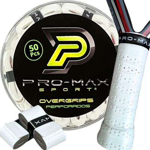 PRO-MAX SPORT Overgrips Padel Extra Adherente Perforados Blanco Pack 4/6/10/25/50 Alta Absorción Sudor Cinta Agarre Antideslizante Grip Padel Pro Sobregrip Raqueta Durabilidad Accesorios Padel (50)
