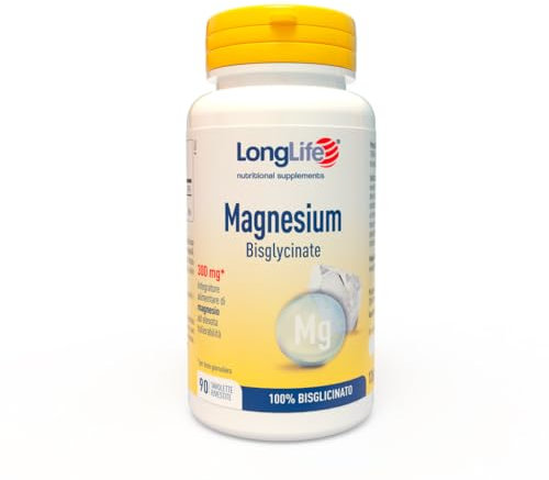 LongLife® Magnesium Bisglycinate | 100% magnesio bisglicinato | Elevata tollerabilità | Integratore magnesio antistress | 90 tavolette | 1 mese di trattamento | Vegano e senza glutine