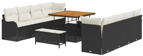 vidaXL 11-teiliges Garten-Sofaset mit Kissen in Schwarz, aus Poly Rattan und Akazie. Ideal für die Terrasse, Moderne und modulare Lounge-Möbel, die wetterbeständig sind.