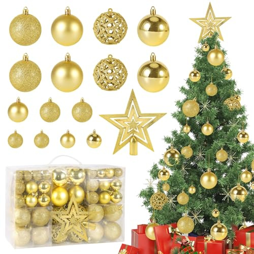 CIRULLI Set di 101 Palline di Natale Oro -Palline natalizie,Decorazioni albero di natale Infrangibili in Plastica ∅ 3, 4, 6 cm - Palle di natale per Albero e Feste