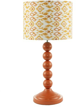 Happy Homewares Unique Chic Deep Orange Table Lamp with Aztec Style Yellow and Orange Jacquard Fabric Shade | 45cm x 25cm | Inline Switch Button