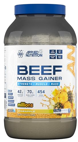 Applied Nutrition Beef Mass Gainer Protein Powder – 42g Beef Protein Isolate, High Calorie Weight Gainer Supplement, Lactose Free, Low Sugar (3.13kg – 25 Servings) (Pineapple Millions)