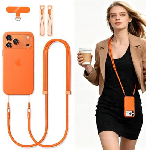 Phone Lanyard Phone Strap Crossbody Compatible with iPhone 17/Air/Pro/Max All Phone Cases with 2 Charms Dual Holes TPU Tab 360° Hook Adjustable Hands-Free Shoulder Neck Camera Strap Anti Theft Orange
