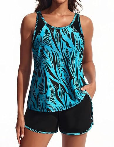 Hanna Nikole Tummy Control Swimsuit,Swimming Costume Women,Sport Tankini Sets, 2 Piece Modest Swimwear, Color Block Tankini Top with High Waist Buit in Bottom Swim Trunks Bathing Suit with Pockets