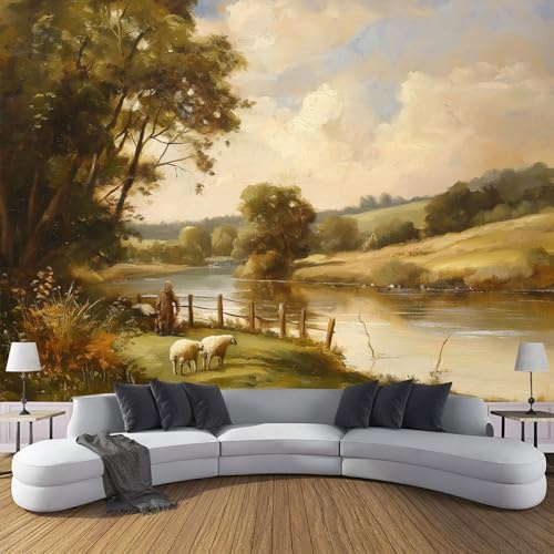 DACRWEKZ Papier Peint Panoramique 200 x 140 cm style nordique Impression Paysage Végétal Peinture à l'huile du ranch Peint Décoration Murale Poster jaune-vert Fresque Murale Salon Chambre Á Coucherr