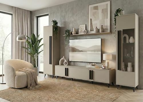 MINIO go for it - Wohnwand Huron 2, 4-teilig, auf hohen Beinen, Farbe: Beige Congo/Schwarz mat