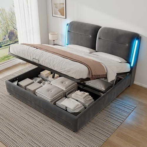 ZUUYEE Doppelbett Polsterbett 180x200 mit Stauraum und LED, Hydraulische Bett mit Kopfteil, Bettgestell mit Metallrahmen Bettkasten und Lattenrost, Samt, Grau, Bett 180x200, ohne Matratze