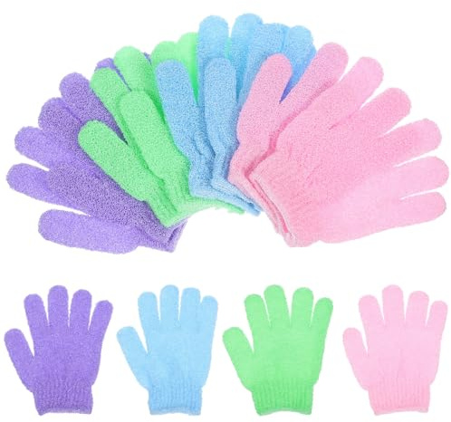 CHICAMPERA 4 Pairs Waterproof Exfoliating Shower Gloves for Dead Skin Removal, Made of Sturdy Nylon with Lanyard, Easy to Clean Body Scrub Gloves Suitable for Women and Bathing Random Color