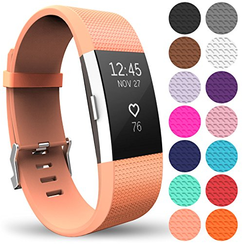 Yousave Accessories Armband Kompatibel mit Fitbit Charge 2, Ersatz Fitness Armband und Uhrenarmband, Silikon Sportarmband und Fitnessband, Wristband Armbänder für Fitbit Charge2 - Groß, Pfirsich