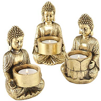 Baby Buddha Teelichthalter, 3er-Set, Gold, handgeriebenes, vergoldetes Finish, schwarze Patina, gegossenes Polyharz, 14 cm hoch