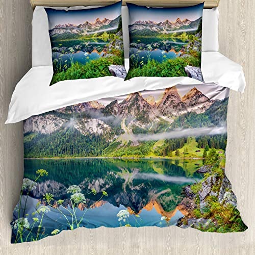 ABAKUHAUS Natur Bettwäsche Set für Doppelbetten, Österreichische Alpen Berg, Weicher Microfaserstoff Allegigeignet kein Verblassen, Grün blau