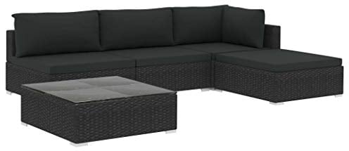 5-delige Loungeset met kussens poly rattan zwart