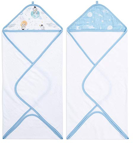aden + anais Essentials Kapuzenhandtuch für Jungen & Mädchen, weiches Baby Badetuch aus 100% Baumwolle, Wickelbadetuch-Set für Kinder, Kleinkinder & Säuglinge, 2er-Pack, Space Explorers